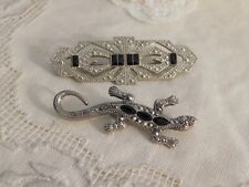 Lizard Pin and Bar Pin Vintage Black Enamel and Silver Lot of 2
