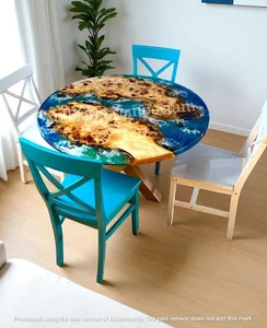 Round Epoxy Blue Resin Top Table Luxury Coffee Table Live Edge Wood Handmade Art - Picture 1 of 9
