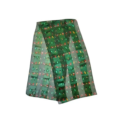 Green Christmas Silk Feel Rectangle Scarf Trees Stockings Gingerbread 14 x 60.5 - Image 1 of 4