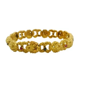 Vintage 1980s Brutalist 18kt Yellow Gold Nugget 8.25" Bracelet Rubies Sapphires - Picture 1 of 7