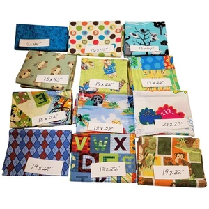 Cotton Fabric Bundle 14 Pcs Kids Prints Fat Quarters Scrap Lot 9x44–21x23" - Picture 1 of 20