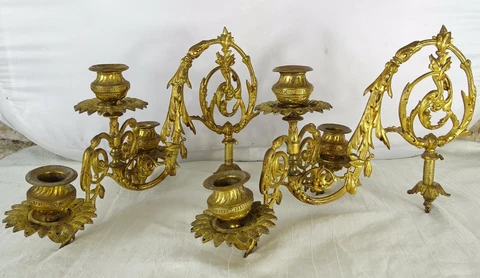 Antique French Gilded Bronze Pair Piano Wall Sconce Candleholders Napoleon III Cover