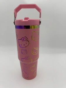 30oz Flip Straw Tumbler with Handle Laser Engraved Sanrio Hello Kitty Faces Pink - Picture 1 of 5