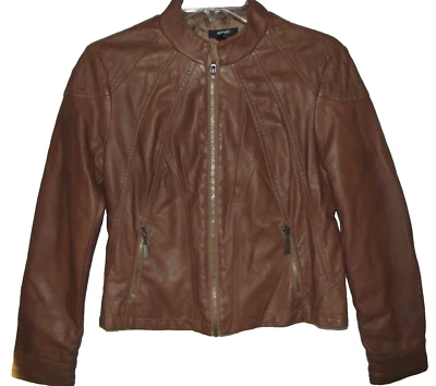 Alfani Jacket Womens PP Brown Faux Non Leather Moto Zip coat 2P-4P (2-4 petite) - Image 1 of 4