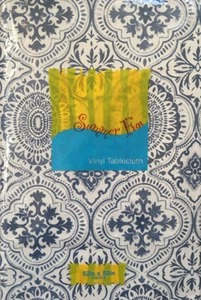BLUE ON WHITE BACKGROUND DAMASK VINYL FLANNEL BACK TABLECLOTH VAR SIZE BY ELRENE - Picture 1 of 2