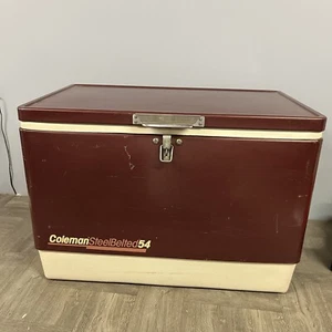Vtg Coleman Steel Belted 54 Qt Vintage Ice Chest Cooler Maroon Retro Camping BBQ - Picture 1 of 9