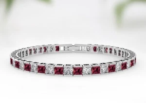 16 ctw Created Princess Cut Red Garnet & Diamond Tennis Bracelet 14K Gold Plated - Picture 1 of 6