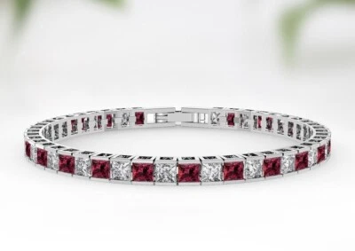 16 ctw Created Princess Cut Red Garnet & Diamond Tennis Bracelet 14K Gold Plated - Image 1 of 4