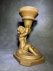 Vintage 11” Tall Ceramic Gold Cherub Dish Candle Globe Holder Statue Figure - Picture 1 of 10