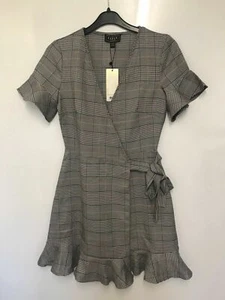 Lipsy London Mono Check Wrap Flute Hem Dress Size 8 New With Tags - Picture 1 of 6
