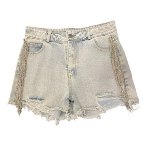 Blue B High Rise Light Wash Denim Rhinestone Fringe Shorts Size Medium New - Picture 1 of 6