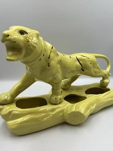 Vintage Mid Century Chartreuse Ceramic Prowling Tiger on log Planter Console SEE - Picture 1 of 24