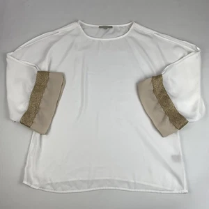 Joan Vass Women's Size Medium Top White Cut-Out Sleeves Gold Embellished Cuffs - Picture 1 of 5