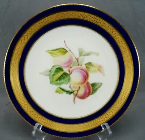 19th Century English Hand Painted Peaches Cobalt Gold Encrusted 9 1/8 Inch Plate - Picture 1 of 9