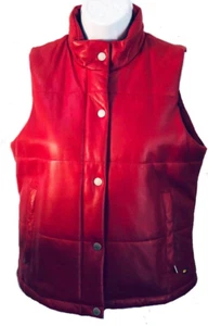 Tommy Hilfiger Vintage Y2K Red Leather Snap Zipper Satin Lined Puffer Vest S/P - Picture 1 of 9