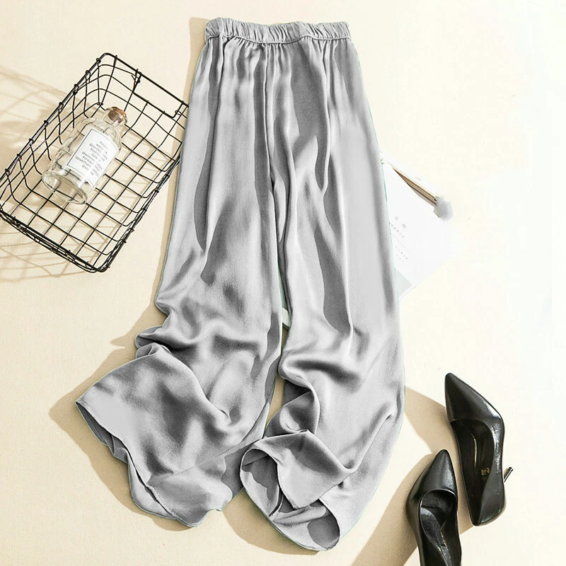 Women Satin Wide Leg Pants Casual Trousers Loose High Waist Faux Silk Blue Black - Image 1 of 4