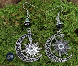 Sun Crescent Moon Earrings Black Bead Witchy Viking Gothic Dangle Drop Jewellery - Picture 1 of 3