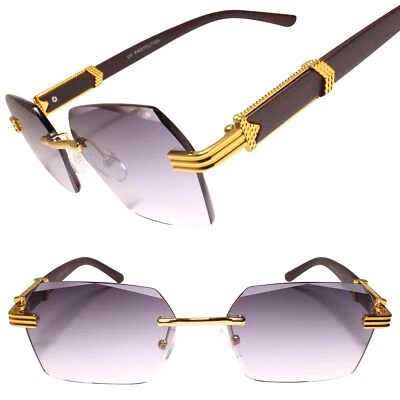 Gold & Faux Wood Diamond Cut Lens Rectangle Rimless Hip Hop Fashion Sunglasses - Image 1 of 3