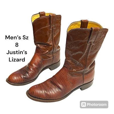 Botas Justin Talla 8 De Colección #3115 De Colección EE. UU. Para Hombres Cuero Reptil Marrón Lagarto Cortas Foto 1 de 4