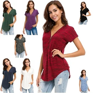 Women's T Shirt Short Sleeve Zip Up V Neck Curve Hem Tunic Tops Relaxed Fit - Picture 1 of 61