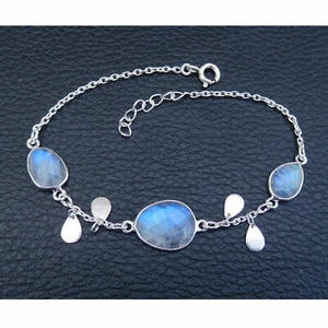 Pulsera con bisel de piedra lunar, conjunto de bisel de plata de ley 925 pulsera con dije-SB003 - Imagen 1 de 2
