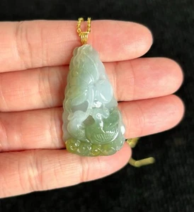 Yellow Plus Green Mandarin Ducks 鸳鸯 Jadeite Jade Pendant 18K Gold Buckle - Picture 1 of 10