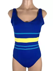 VTG 80'S COLE OF CALIFORNIA Blue Yellow Striped ONE PIECE SWIMSUIT Bathing Large - Picture 1 of 5