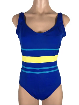ONE PIECE SWIMSUIT Bathing Large VTG 80'S COLE OF CALIFORNIA Blue Yellow Striped - Image 1 of 4