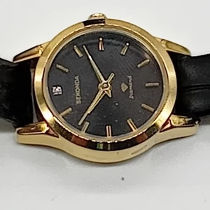 SEKONDA Women's Watch in Presentation Box Black Gold Pre-Loved - Picture 1 of 6