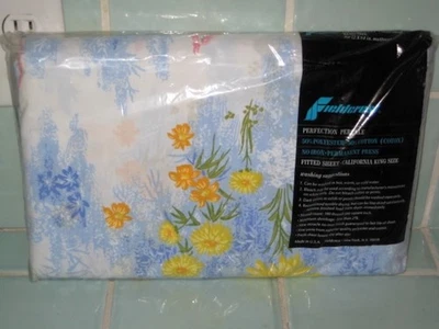 Vintage NOS Fieldcrest Floral Meadow Cal. King Percale Flat Sheet - Image 1 of 4