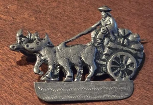 1¾" 925 Sterling Silver Antique Man On Bull Carriage Brooch Pin Back Santa Rdeer - Picture 1 of 7