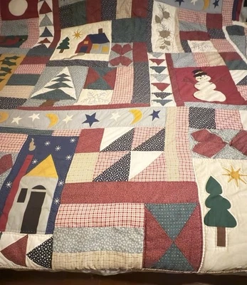 Hecho a mano Invierno Navidad Patchwork Apliques Edredón Tamaño Queen Muñecos de nieve Vacaciones Foto 1 de 4