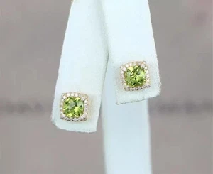 2Ct Lab Created Cushion Halo Green Peridot Stud Earrings 14K Yellow Gold Plated - Picture 1 of 1