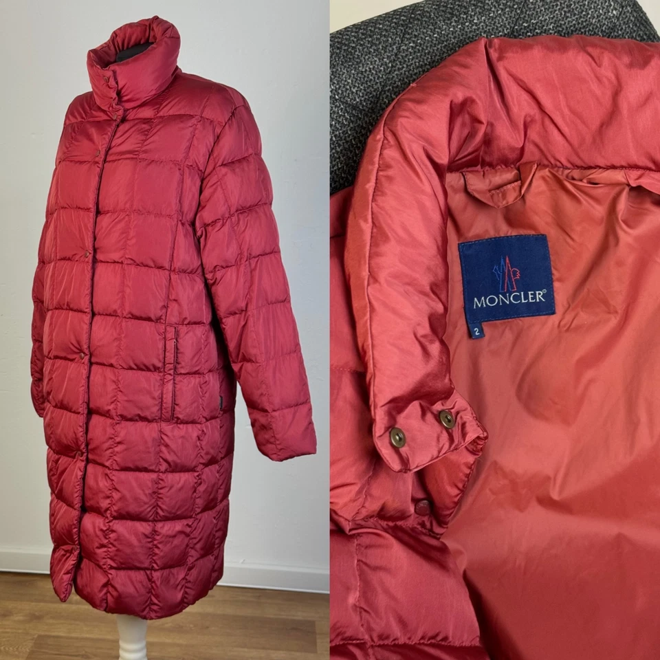 Подлинный женщин Moncler красный вниз пуховик куртка выстеганная пальто синий ярлык размер 2 ~ M - Изображение 1 из 4