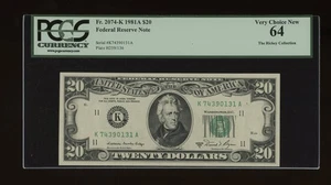 DBR 1981-A $20 FRN Dallas Fr. 2074-K PCGS 64 Serial K74390131A - Picture 1 of 2