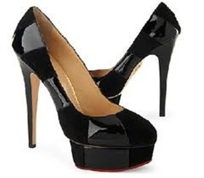 Sapato bomba plataforma couro envernizado camurça listrado Priscilla Charlotte Olympia 39,5 - Imagem 1 de 4