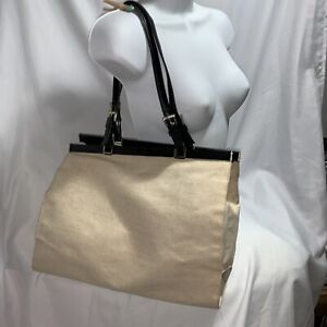 pre-loved authentic PRADA cream LINEN & leather OPEN TOP TOTE BAG satchel $1400