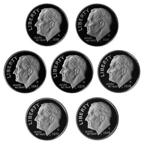 2010-2016 S Roosevelt Dimes 90% Silver Gem Deep Cameo Proof Run 7 Coin Set Cover