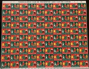 1954 Christmas Seals Full Stamp Sheet U.S. Children Holding Hands. Xmas Tree - Picture 1 of 4