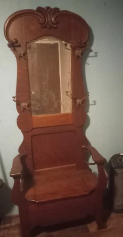 Antique Oak Hall Seat rack tree hat coat storage ornate carved beveled mirror Cover