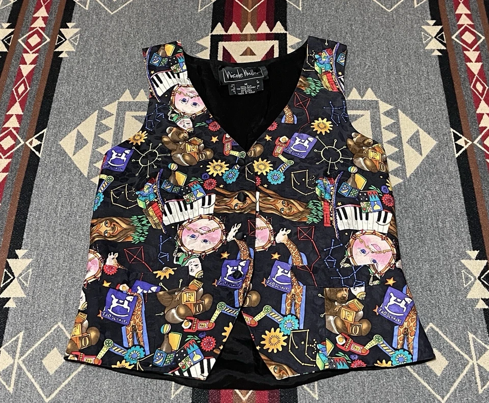Nicole Miller Silk Toys Print FAO Schwarz Vest Women’s Sz M Vtg M7 - Image 1 of 4
