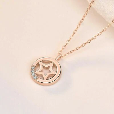 Casual Hollow Star CZ 925 Sterling Silver Necklace,Rose Gold,Pendant,Jewelry - Image 1 of 4