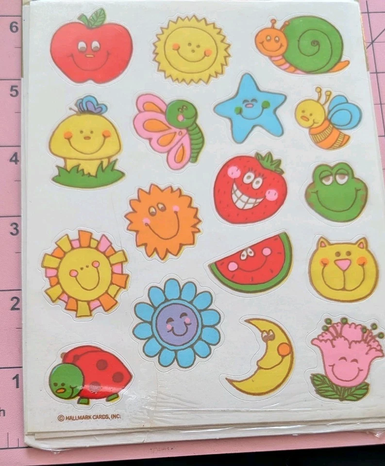 Vintage Hallmark Stickers Happy Fruit Flower Sun Snail Frog Star 1 Sheet READ