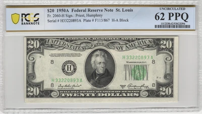 Fr.2060-H 1950A St. Louis $20 Federal Reserve Note PCGS Uncirculated 62 PPQ - Image 1 of 2