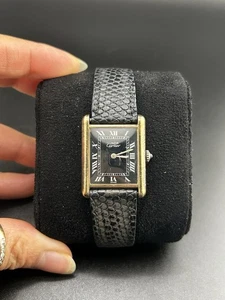 Cartier Vermeil Tank Mechanical Watch Black Tuxedo Dial Leather Band 2512 - Picture 1 of 18