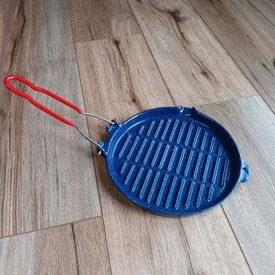 Blue Speckled Porcelain Coated Cast Iron Campfire Griddle W/ Folding Handle - Image 1 of 4
