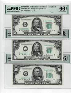 Consecutive Triplet 1950B $50  FR 2109-D DA Block PMG 66 EPQ Sequential - Picture 1 of 7