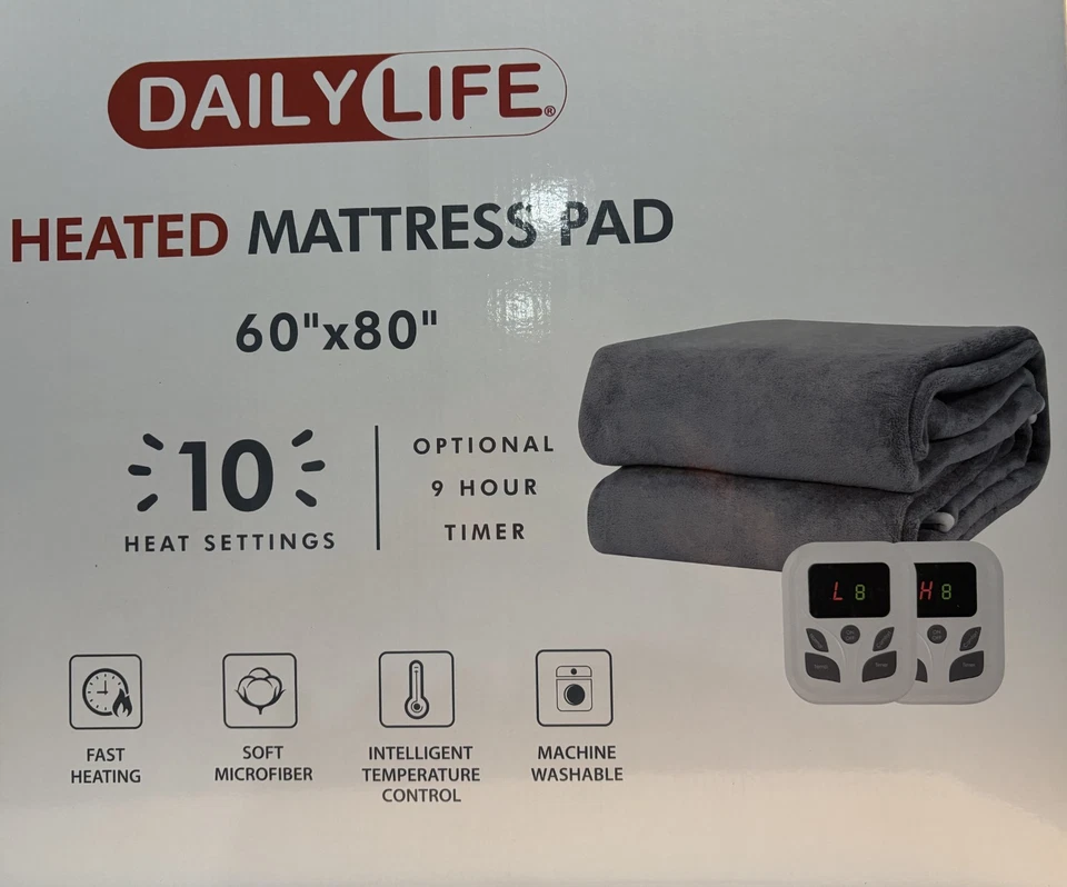 DailyLife Heated Mattress Pad, Queen Size 60" x 80", Dual Controls