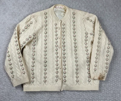 Vintage 60s Charles Co Cardigan Size 42 Wool Cable Knit Embroidered Roses Sweate - Image 1 of 4