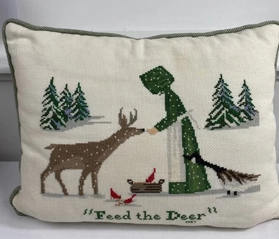 Handmade Needlepoint Pillow “ Feed The Deer” 2007 Green Check Zipper Cardinals - Image 1 of 4